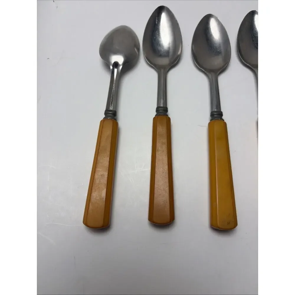 Vintage Butterscotch Bakelite Stainless Flatware 6 Teaspoon, 4 Knives,5 Spoons